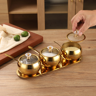 Personal Tailor 18-10不锈钢金色三味调料罐带勺子加托盘