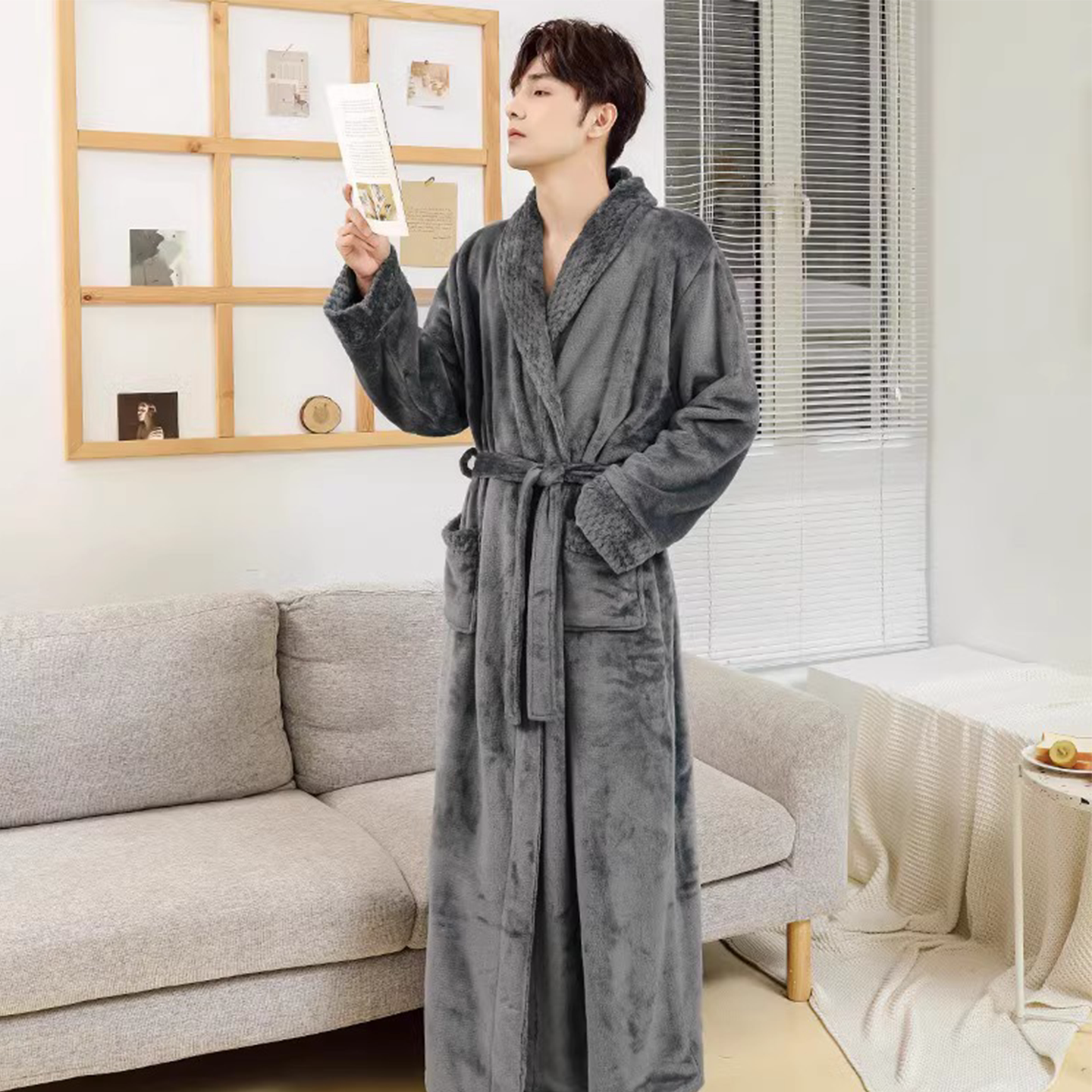 秋冬季加绒加厚男士套装睡袍图片