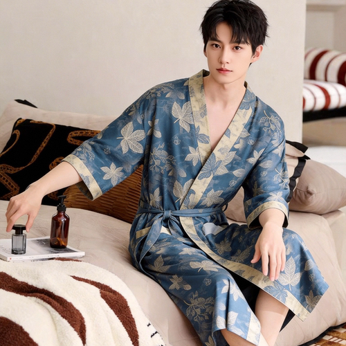 纯棉棉纱睡袍夏吸水速干浴袍男款
