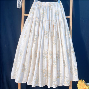春夏季纯棉布提花剪花定制半身裙女温柔中长款碎花棉麻a字裙显瘦