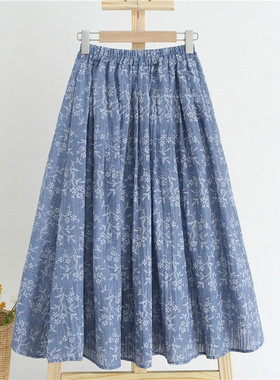 气质棉麻半身裙2026春夏季新款女装百搭松紧高腰碎花印花a字裙子