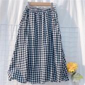 a字裙复古棉麻格子半身裙女内衬 显瘦口袋伞裙中长款 25特价 春夏季