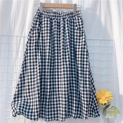 25特价春夏季显瘦口袋伞裙中长款a字裙复古棉麻格子半身裙女内衬