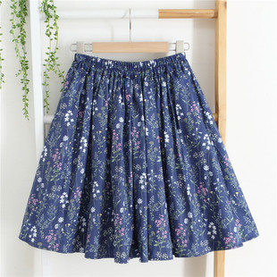短裙百褶裙春夏高腰2025新款藏青碎花半身裙夏a字裙子女学生棉麻