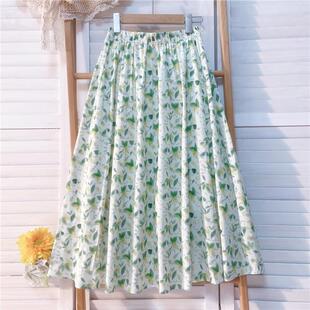 自制棉麻中长款 柔软绿色小清新碎花显瘦a字裙 半身裙女2026春夏季
