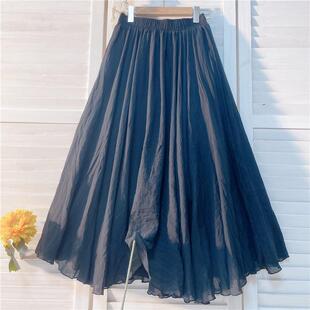 自制品质2026柔软双层大裙摆棉麻a字裙显瘦半身裙女长款 85cm飘逸