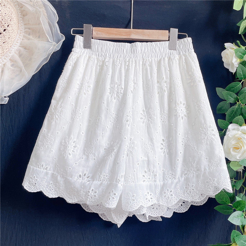 2026夏刺绣有内衬打底外穿搭配长T纯色白棉花边短裤女阔腿裤家居