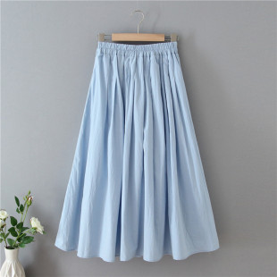 半身裙女长裙2025春夏新款 百搭淡蓝裙高腰显瘦百褶长裙夏大摆棉裙