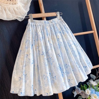 自制2026春夏季棉麻小碎花半身裙女短裙a字裙印花百褶及膝小个子