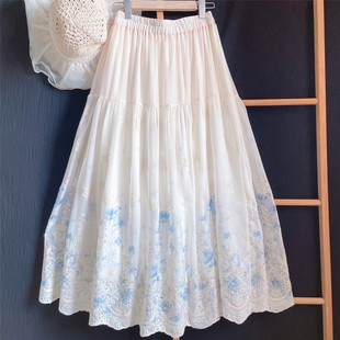 国风刺绣花A字裙 新中式 超长95cm及脚踝半身裙女2026春夏季 薄纱款