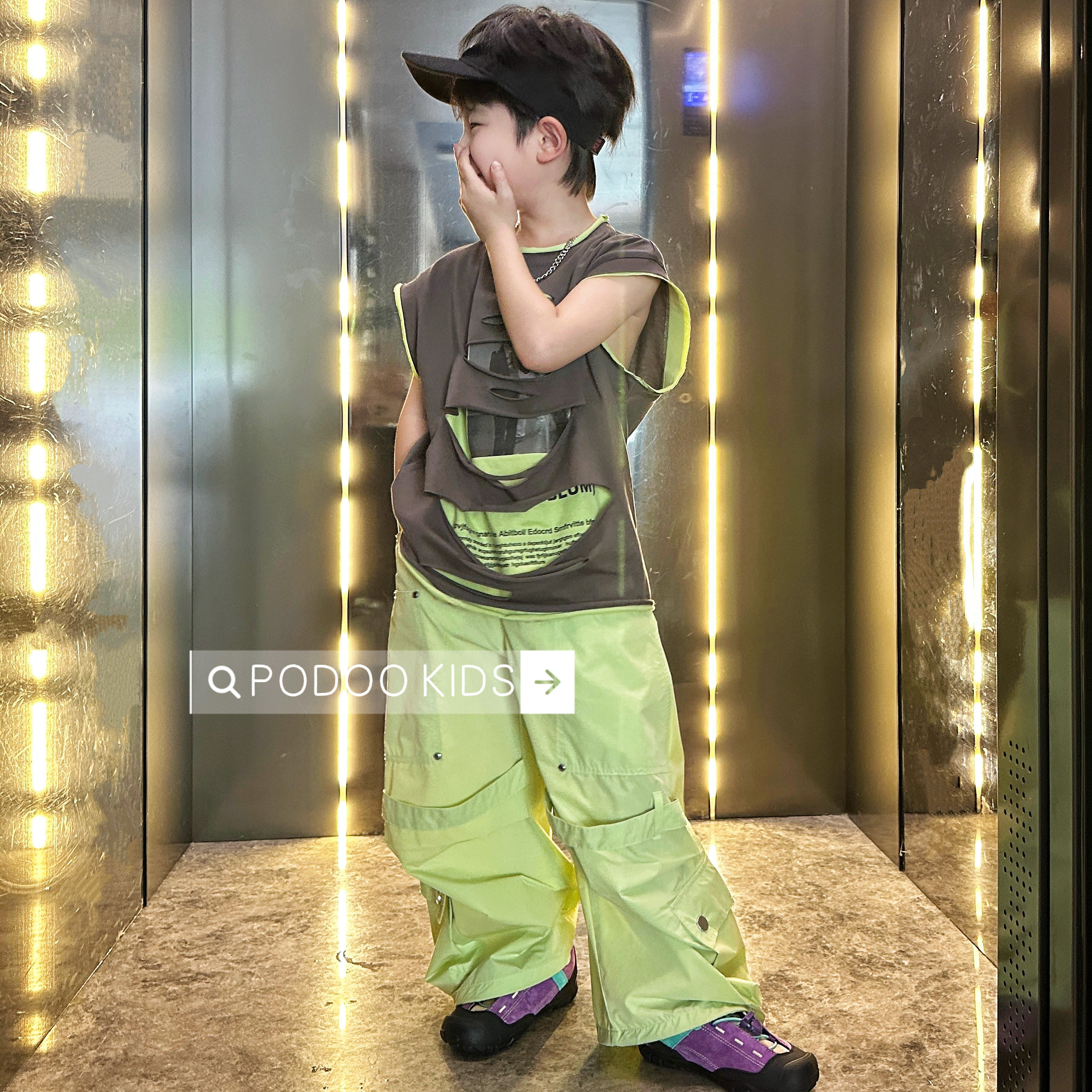 【潮灰拧绿】PODOO男童夏潮牌个性破洞无袖T恤多袋工装阔腿裤套装