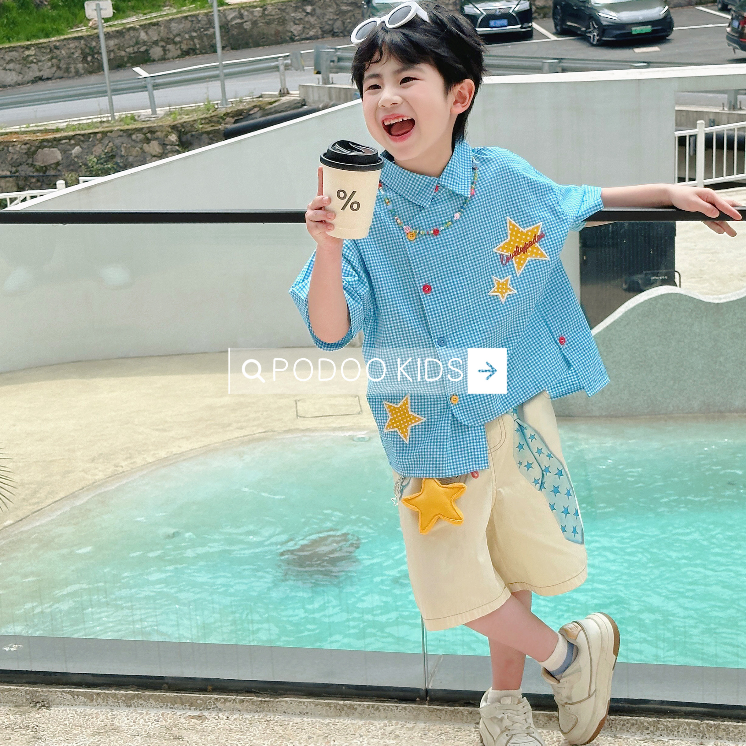 【蓝格星星衬衫套装】男童新款夏装儿童短袖格子衬衫短裤两件套装