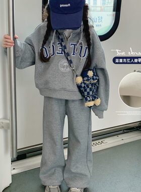 男女童套装字母刺绣拉链连帽抓绒厚卫衣长裤2026春秋装新款两件套