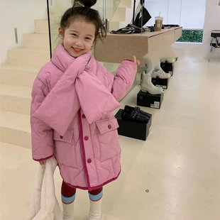 2025小女童中长棉服加毛加厚外套棉袄冬装新款保暖童装送围脖大衣