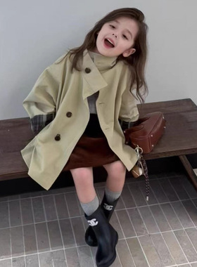 2025秋冬儿童装立领宽松大衣女童外套韩版单排扣风衣中长上衣开衫
