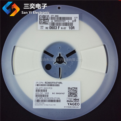 0603贴片电阻 10R 丝印10R0/100 10Ω 精度1% 5% RC0603FR-0710RL