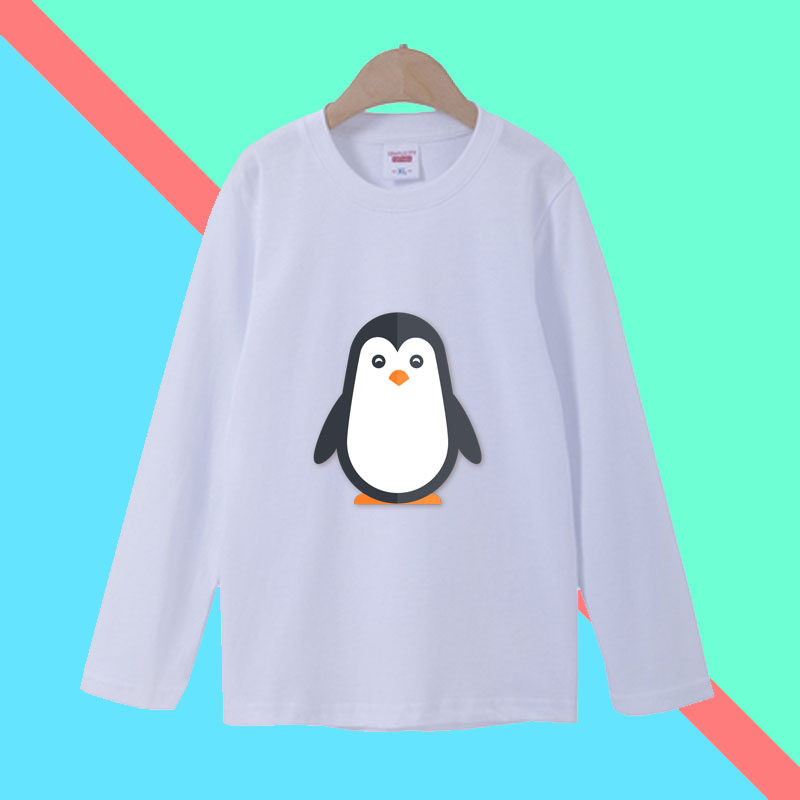 企鹅t恤儿童男女童长袖纯棉白色宽松上衣学生卡通秋季运动会班服