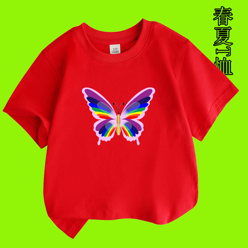 女童短袖t恤儿童纯棉2026夏季新款卡通蝴蝶图案女宝圆领半袖体恤