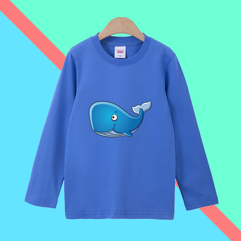 鲸鱼图案儿童T恤衫纯棉薄款卡通海洋动物世界鲸鱼秋季男童长袖T恤