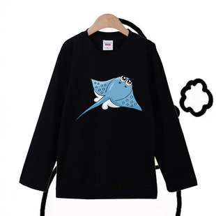 魔鬼鱼衣服儿童海洋生物主题蓝色鲸鱼上衣秋男童纯棉长袖T恤班服