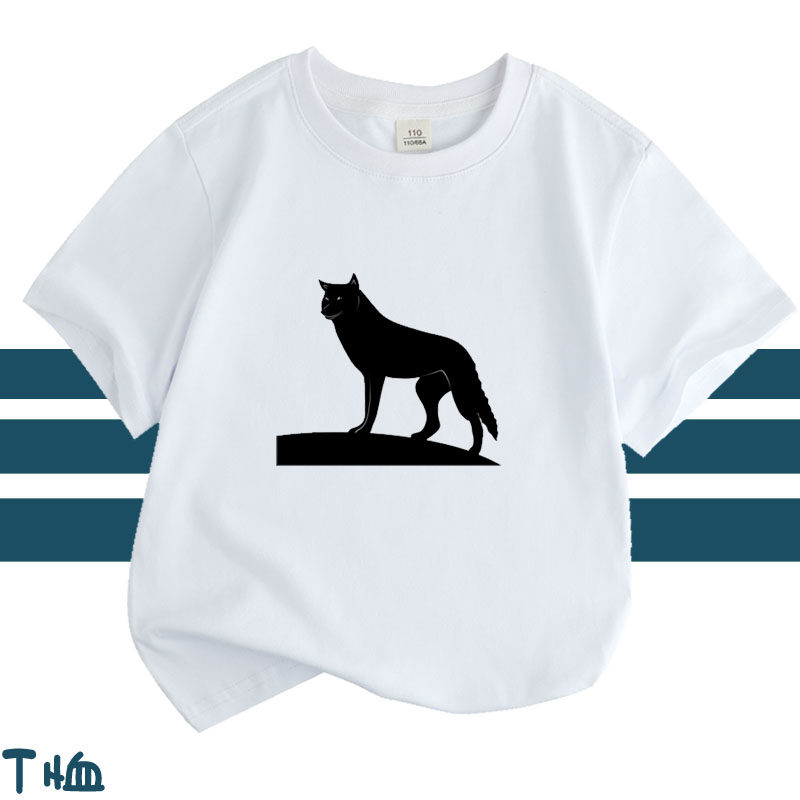 小狼图案纯棉T恤衫男女孩儿童装春秋宝宝短袖亲子装上衣服短袖5岁