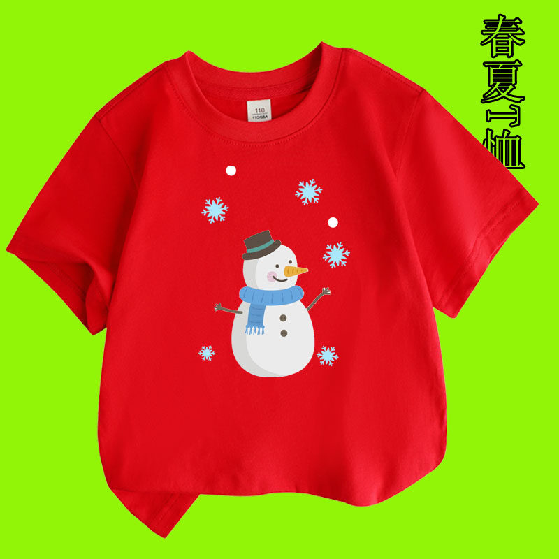 儿童雪人图案纯棉短袖t恤2026夏季中大童宽松男女童卡通半袖上衣