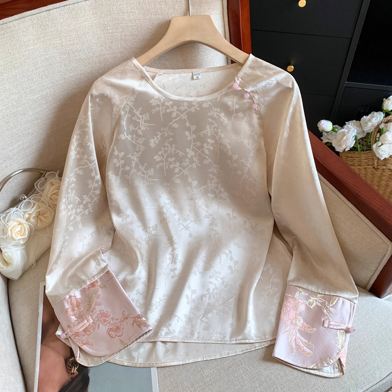 新中式国风女装2025早春圆领百搭复古提花长袖衬衫钉珠气质衬衣,女装/女士精品,衬衫,淘宝优惠券,粉丝福利购,淘宝优惠卷