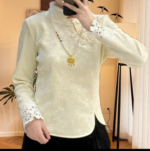 苏妲己冬季加绒加厚新中式钻石盘扣拼接蕾丝袖口国风打底上衣衬衫