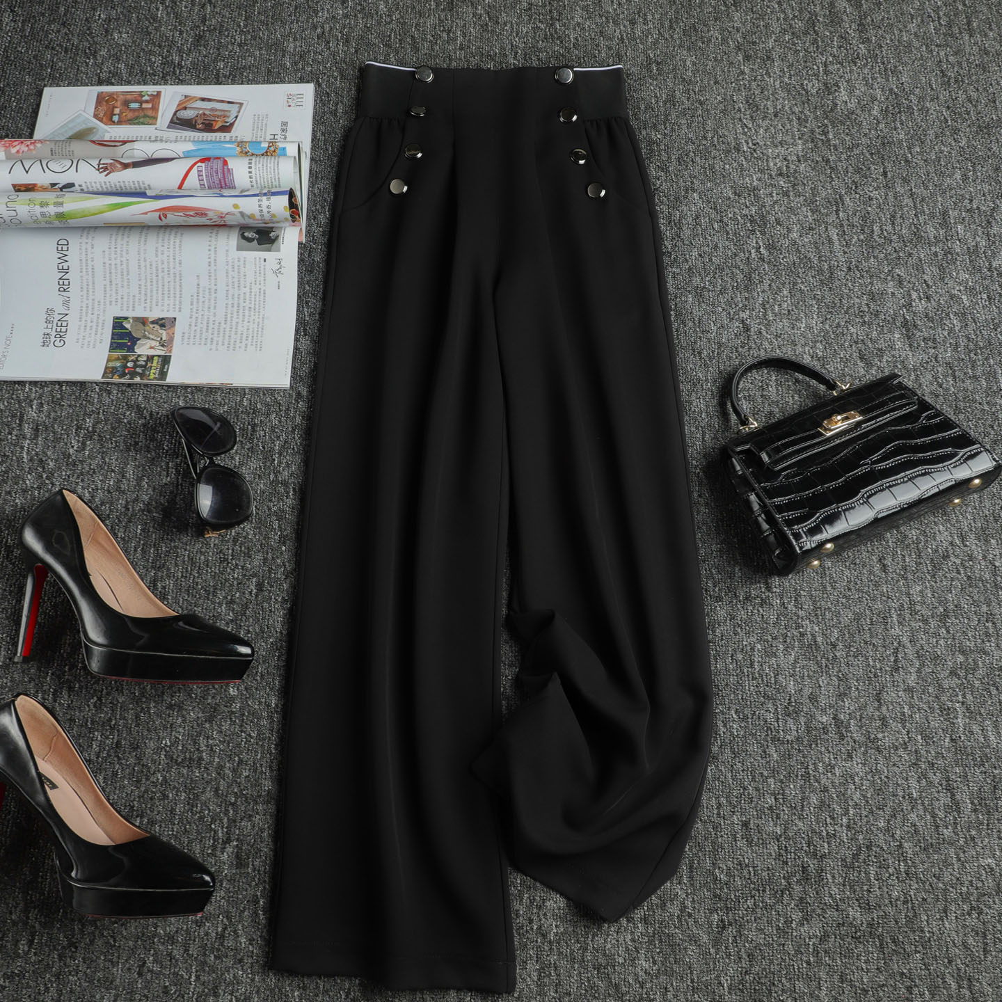 欧货黑色阔腿裤女双排扣西装裤女