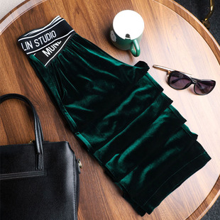 女长裤 直筒宽松休闲裤 女2025春秋新款 时髦慵懒柔软深墨绿色阔腿裤