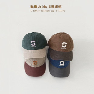 儿童棒球帽韩系拼色春秋季 S字母鸭舌帽男女童防晒遮阳帽 新款