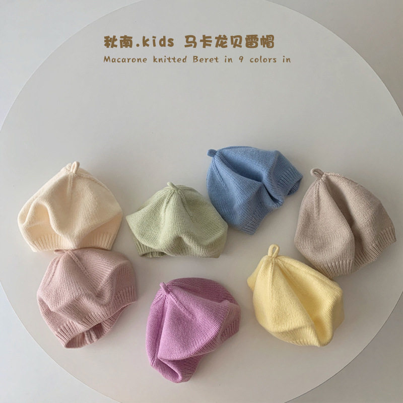 婴儿帽子春秋韩国新款马卡龙色南瓜帽针织毛线帽宝宝贝雷帽