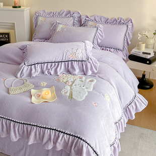 公主风兔子刺绣牛奶绒四件套秋冬保暖少女心荷叶边紫色床品床笠款