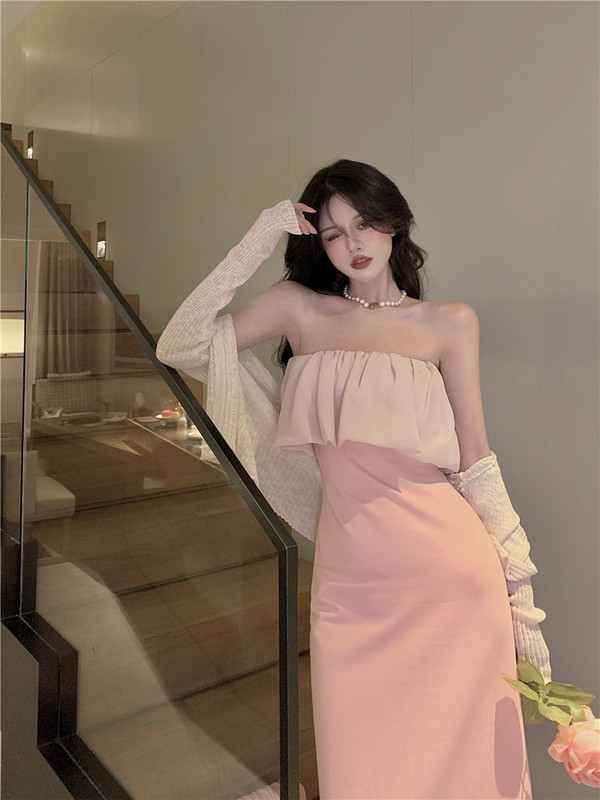 Real price real shot slim split bra dress + short knitted shawl cardigan with ear edge