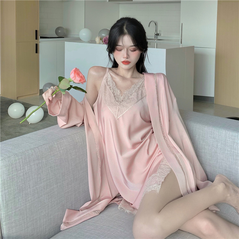 Real price real shot Sexy Satin Pajamas lace splicing suit