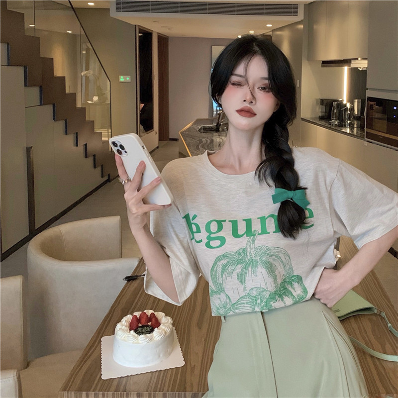 Real price real shot round neck letter printed short sleeve T-shirt + Korean casual wide leg pants