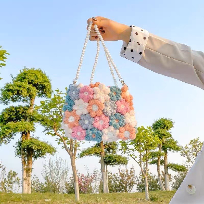 泡芙花手工编织包包diy材料包自制钩针织立体毛线包小花朵斜挎包