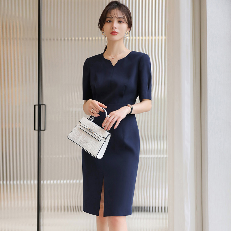职业连衣裙2026新款女夏季薄款售楼部工作服酒店前台工装V领裙子
