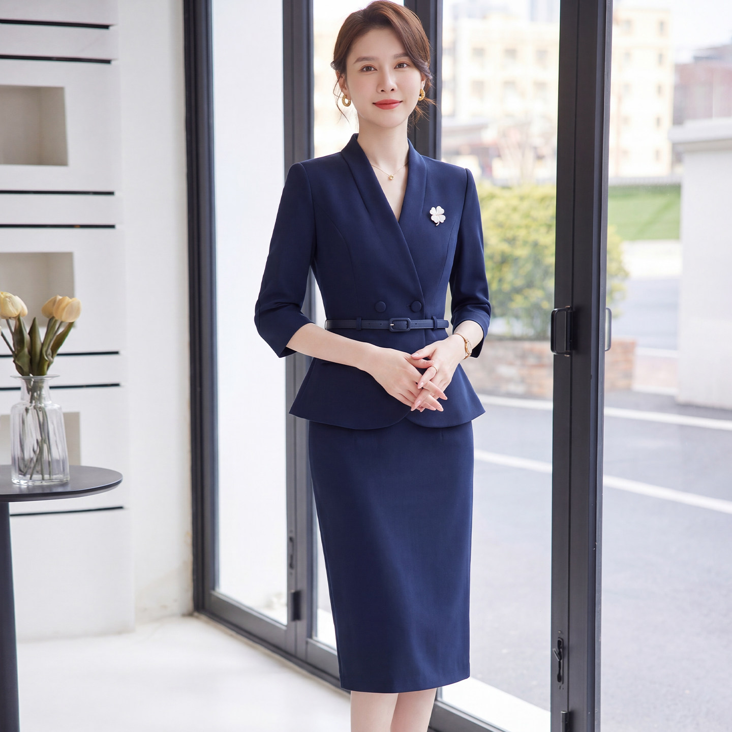商务穿搭V领七分袖西装套装女修身收腰高端气质通勤职业装