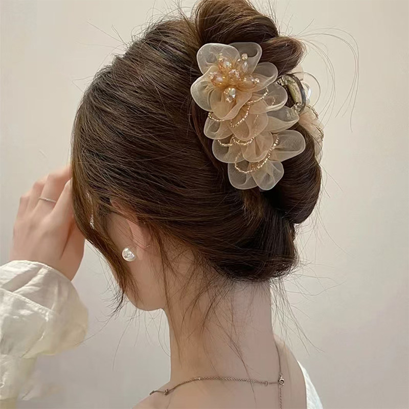 气质绢纱花朵抓夹高级感后脑勺盘发鲨鱼夹新款发夹头饰显发量,饰品/流行首饰/时尚饰品新,发饰,淘宝优惠券,粉丝福利购,淘宝优惠卷