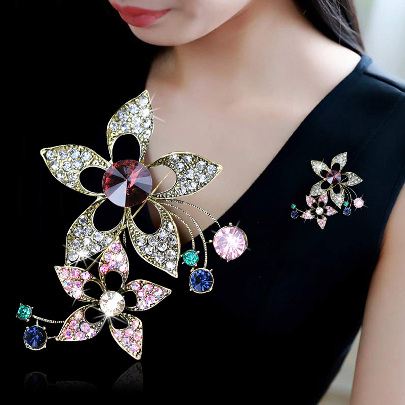 日韩双花朵胸针女气质水钻花朵配饰毛衣大衣别针优雅外套开衫胸花