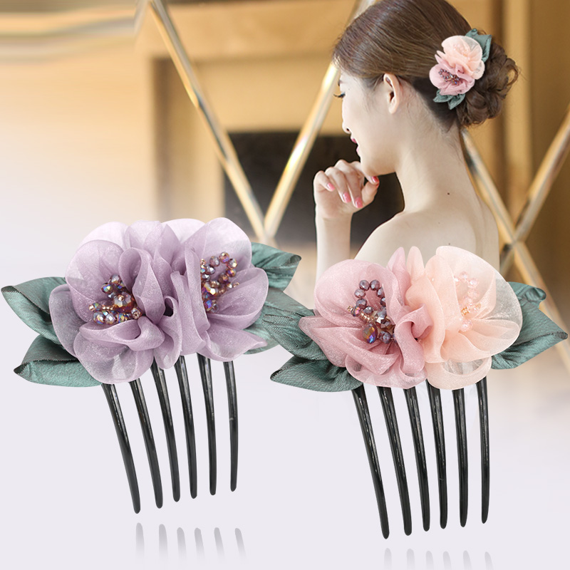 韩布绢纱花朵防滑刘海饰品发梳