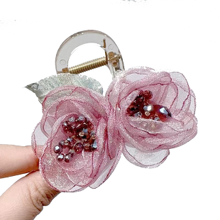 精致网纱花朵抓夹清新甜美优雅8CM底夹小发夹温柔发卡头饰