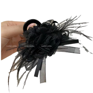 轻奢高级感浪漫气质花朵黑色山茶花羽毛小香风发夹头饰8CM抓夹