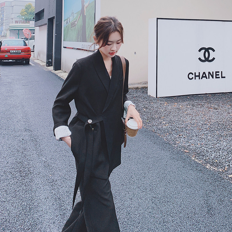 时尚宽松黑色西装套装女2025秋季新款高级感西服阔腿长裤两件套,女装西装,昱喆服饰