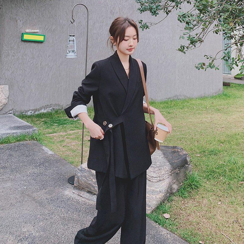 时尚宽松黑色西装套装女2025秋季新款高级感西服阔腿长裤两件套,女装西装,昱喆服饰