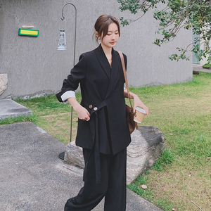 时尚宽松黑色西装套装女2025秋季新款高级感西服阔腿长裤两件套图片