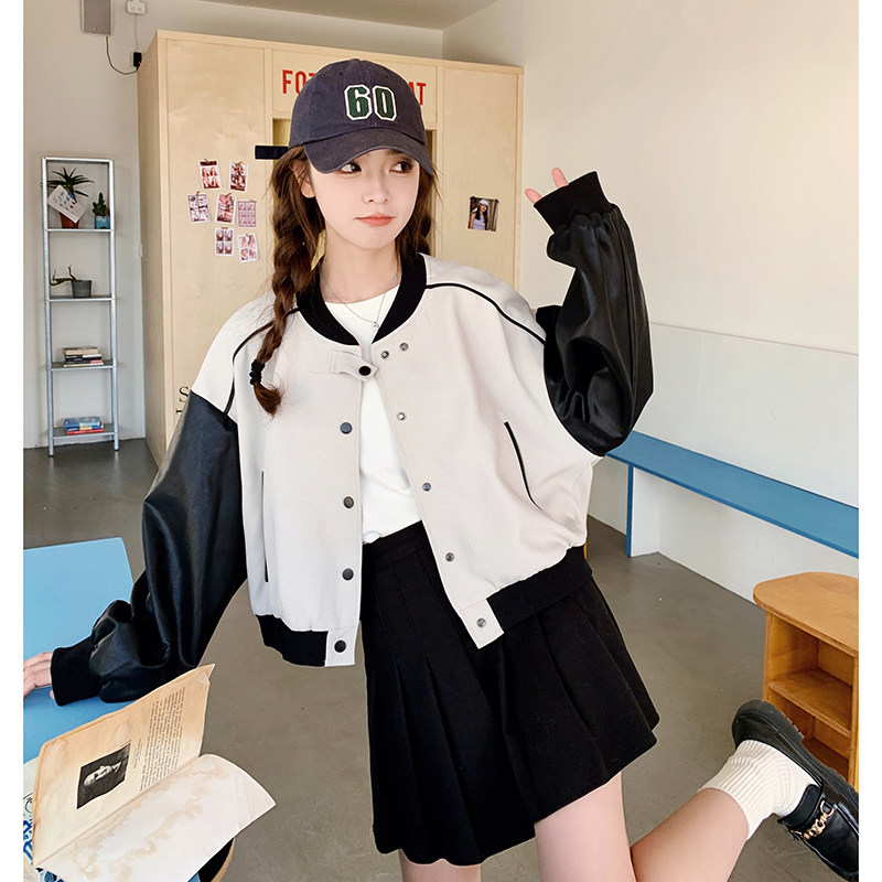 黑白拼色棒球服外套女2024春秋新款美式复古学院风小个子夹克上衣,女装短外套,昱喆服饰