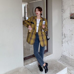 196现货黄色格子西装外套女A012-1新款P125控178,金吊带裙搭配图片