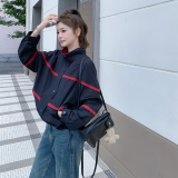 藏青色设计感撞色拼接外套女2025春秋季新款韩版流行显瘦夹克上衣，女装短外套，昱喆服饰